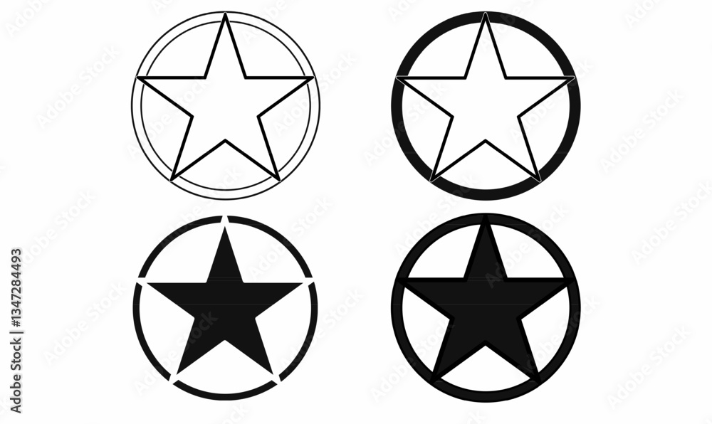 set of four star emblem icons with circular frames, featuring outline and solid fill styles. Suitable for military, sheriff, logo, or branding designs. set of four star emblem icons with circular frames, featuring outline and solid fill styles. Suitable for military, sheriff, logo, or branding designs.