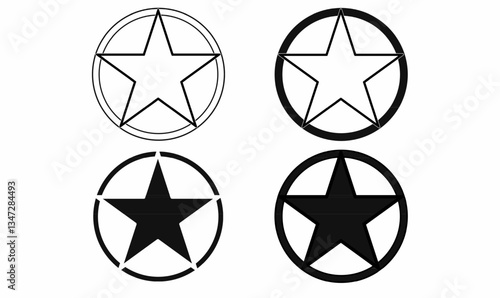set of four star emblem icons with circular frames, featuring outline and solid fill styles. Suitable for military, sheriff, logo, or branding designs.
