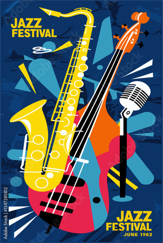 A poster for a jazz festival featuring a saxophone, a bass guitar, and a microphone. The poster is colorful and has a lively, upbeat mood