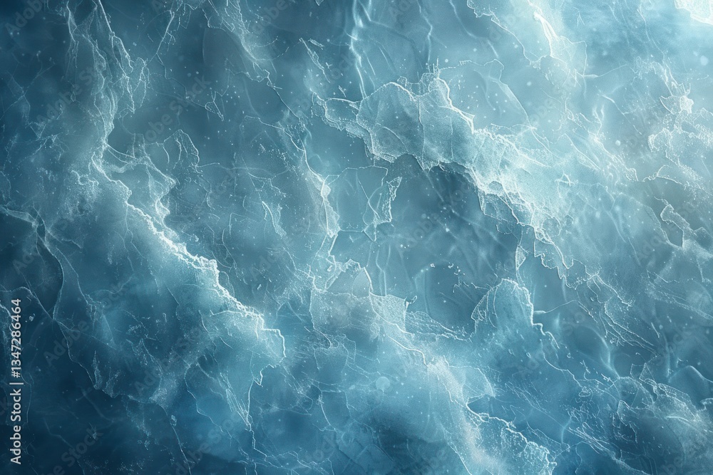 Fototapeta premium Thin snow layers cover frozen ice, shimmering softly in gentle light, showcasing a crisp winter texture