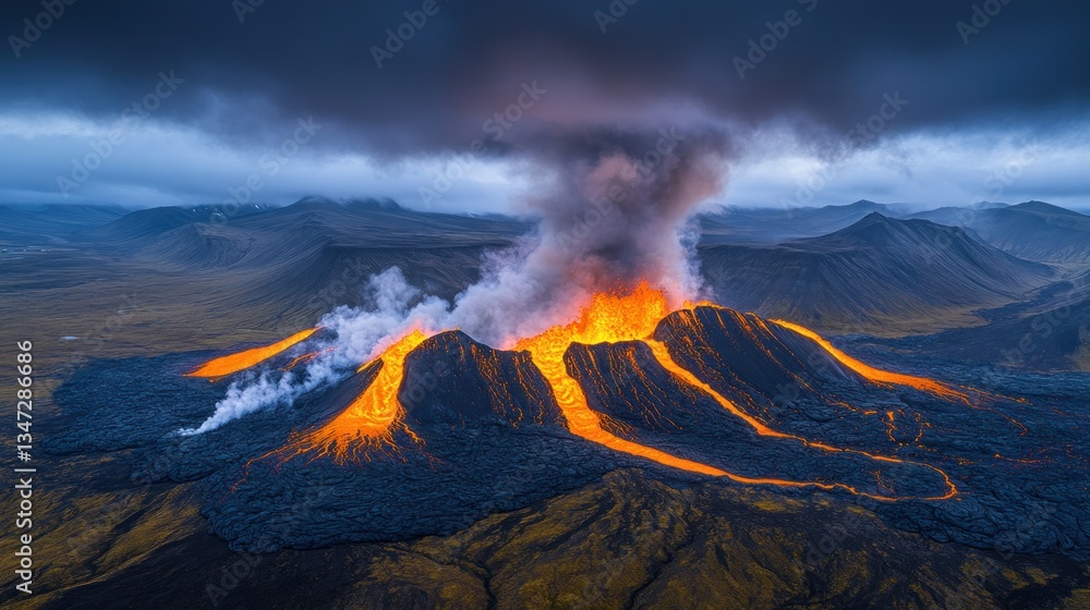 Fototapeta premium Volcanic eruption, lava flows, dramatic landscape