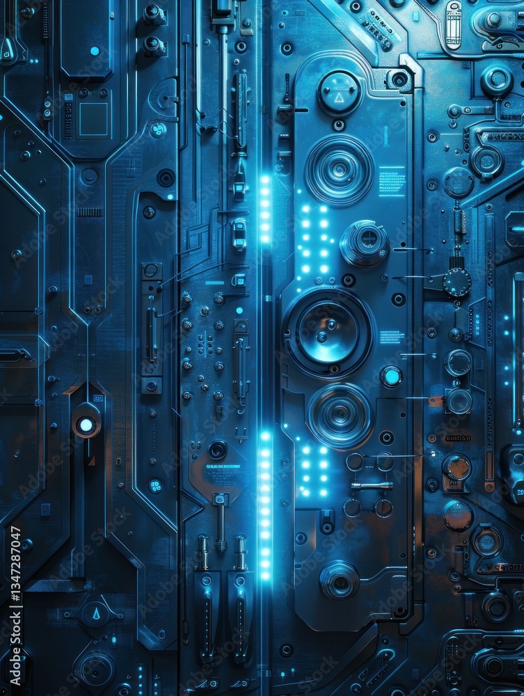 Fototapeta premium A glowing brushed steel panel with blue circuits shines in soft ambient light within a high-tech space