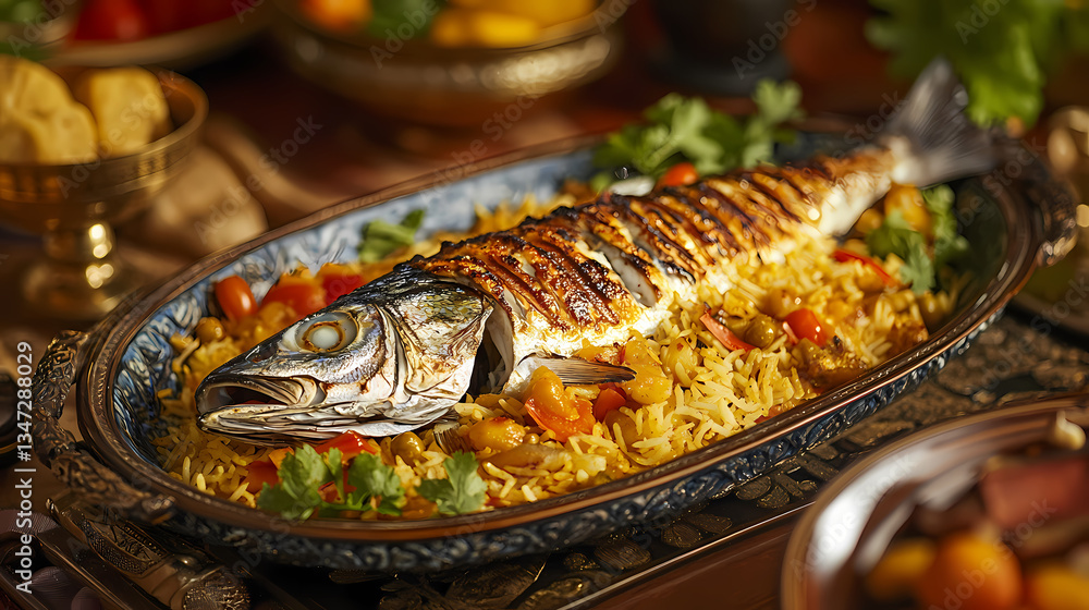 Culinary Art: A meticulously crafted dish featuring a perfectly grilled fish nestled atop a bed of aromatic rice, garnished with fresh herbs and colorful vegetables, presented on an ornate platter. Culinary Art: A meticulously crafted dish featuring a perfectly grilled fish nestled atop a bed of aromatic rice, garnished with fresh herbs and colorful vegetables, presented on an ornate platter.