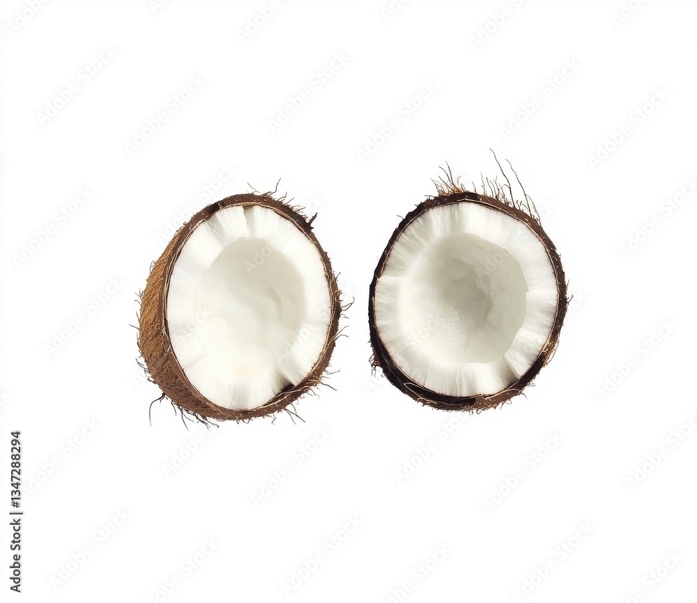 Two Halves Of A Coconut On White Background Two Halves Of A Coconut On White Background