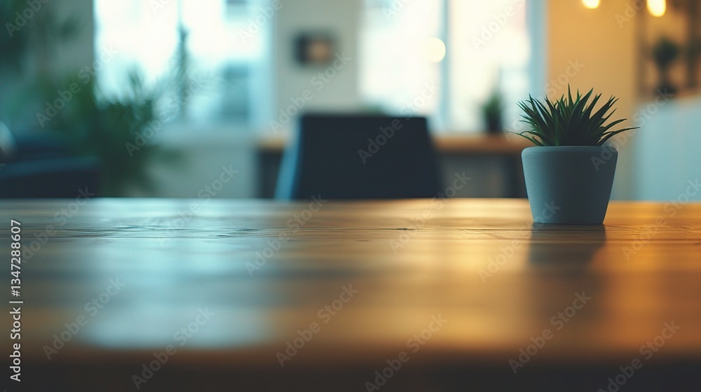 Blurred Backdrop of Modern Workspace with Potted Plant on Table Blurred Backdrop of Modern Workspace with Potted Plant on Table