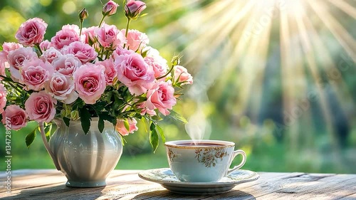 Wallpaper Mural Morning tea with roses in garden Torontodigital.ca