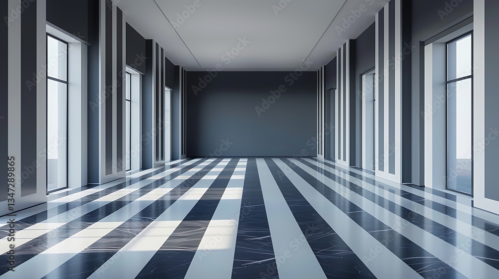 Obraz premium An empty luxury gallery with a large blank wall and modern geometric floor design set against a dark and striped backdrop, ideal for a branding or art display. 3D Rendering