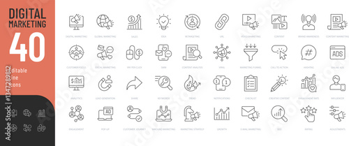 Digital Marketing Line Editable Icons set. Vector illustration in modern thin line style of online business related icons: advertisement, sales, content analysis, and more. 