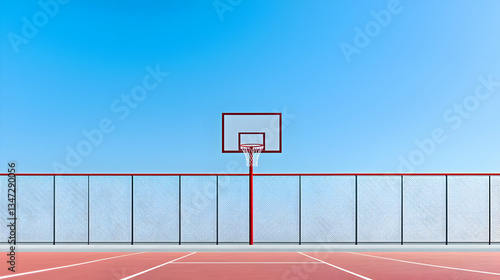 Red Basketball Hoop Against Clear Blue Sky Over Red Court Surface and White Geometric Fence