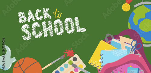 School poster. Modern design with school supplies. Back to school, college, learning concept. Perfect for web advertising, branding, flyers, banners