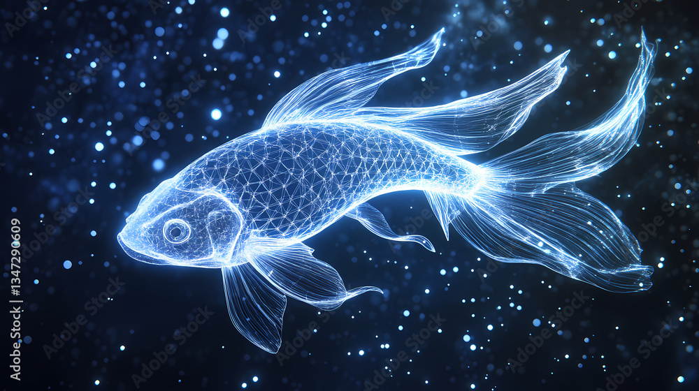 Naklejka premium Celestial Koi: A luminous koi fish swims gracefully through a star-studded cosmos, its ethereal form glowing against a backdrop of cosmic wonders. 