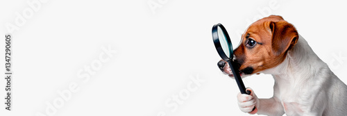 Portrait of funny dog ​​holding magnifying glass.