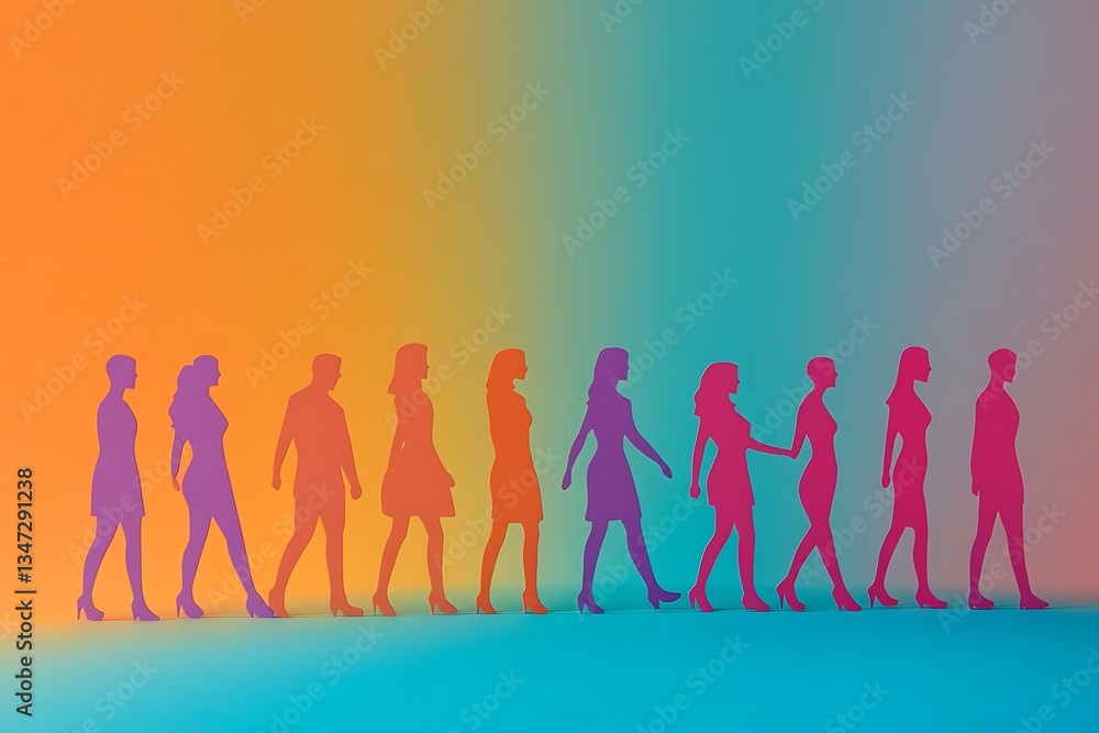 Pastel Silhouette People Walking in Row Partnership Pastel Silhouette People Walking in Row Partnership