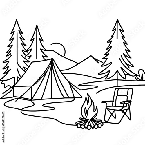 Tent in the forest, camping chair next to a fire, vector, black line drawing, minimalistic, single line, simple line, isolated, transparent background 