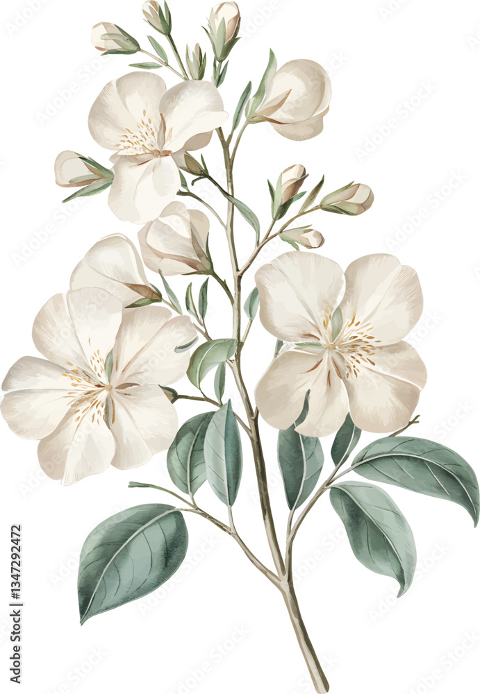 Fototapeta premium Hand Drawn Watercolor Jasmine Flowers Flowers and green leaves vector isolated on white background.
