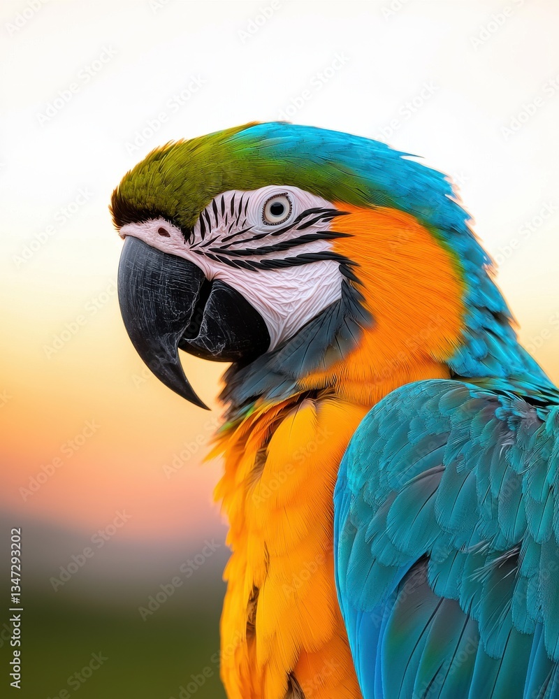 Obraz premium Vibrant BlueandGold Macaw Portrait in Sunset Light, Exotic Bird Photography.