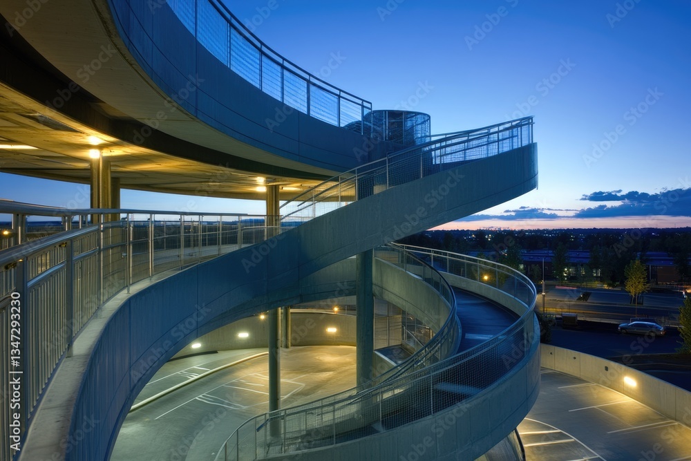 Fototapeta premium A modern spiral ramp in a parking garage at twilight, offering a unique architectural design.