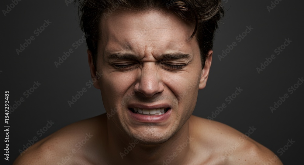 Fototapeta premium Emotional portrait of a man expressing pain against a dark backdrop