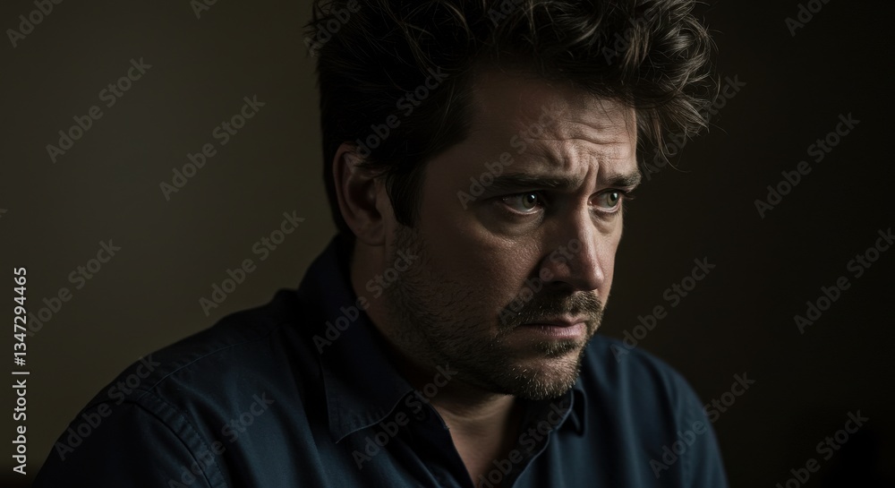 Portrait of a contemplative man in dim lighting, reflecting deep emotions Portrait of a contemplative man in dim lighting, reflecting deep emotions