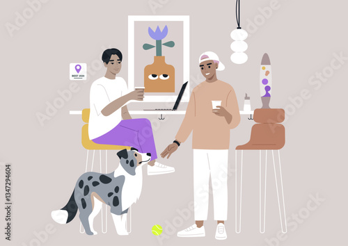 A vibrant coffee bar atmosphere comes alive as two patrons enjoy beverages while chatting, accompanied by a playful dog, The space is adorned with contemporary art and decor