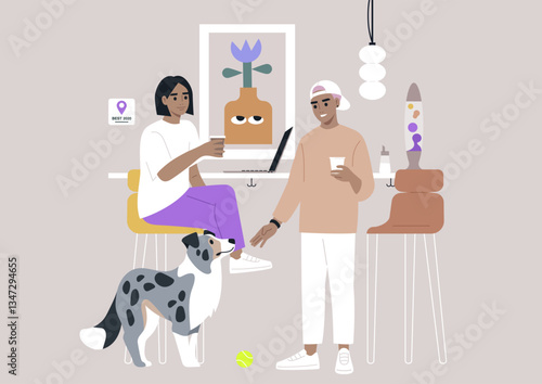 A vibrant coffee bar atmosphere comes alive as two patrons enjoy beverages while chatting, accompanied by a playful dog, The space is adorned with contemporary art and decor