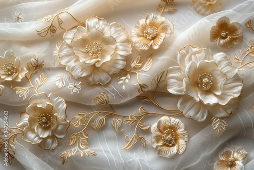 Delicate lace features baroque floral designs embroidered in golden hues on soft ivory fabric, beautifully illuminated