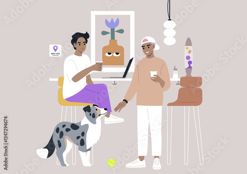 A vibrant coffee bar atmosphere comes alive as two patrons enjoy beverages while chatting, accompanied by a playful dog, The space is adorned with contemporary art and decor
