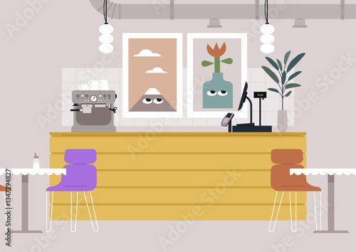 Bright and inviting cafe features colorful furniture, whimsical artwork, and a welcoming atmosphere perfect for socializing or working, drawing visitors in throughout the day