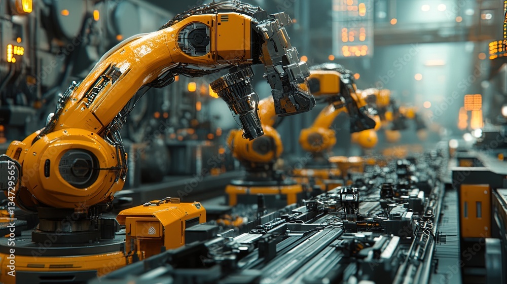 Industrial robot arms working on a production line, high-tech factory background, photorealistic and detailed Industrial robot arms working on a production line, high-tech factory background, photorealistic and detailed
