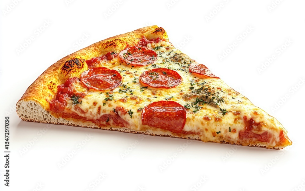 Close-up pizza slice with pepperoni and cheese. A delicious, hot slice of pepperoni pizza, featuring melted cheese, red pepperoni, and a hint of herbs, against a plain white background Close-up pizza slice with pepperoni and cheese. A delicious, hot slice of pepperoni pizza, featuring melted cheese, red pepperoni, and a hint of herbs, against a plain white background