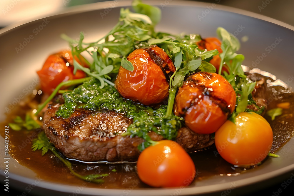 Gourmet grilled steak served with roasted tomatoes and fresh herbs Gourmet grilled steak served with roasted tomatoes and fresh herbs