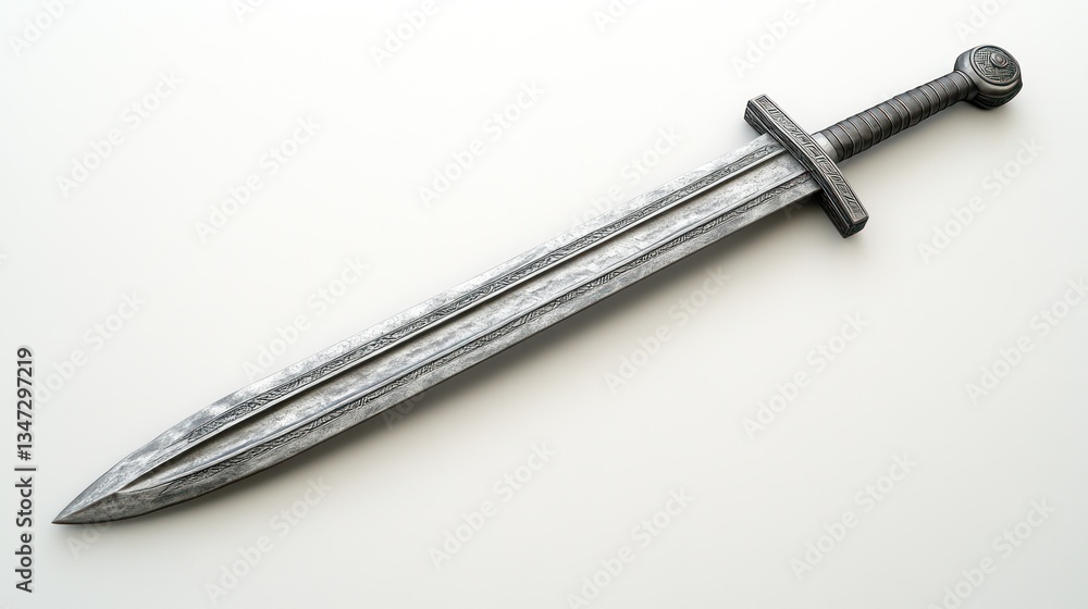 Weathered, gray metal sword with a ribbed blade and simple hilt Weathered, gray metal sword with a ribbed blade and simple hilt