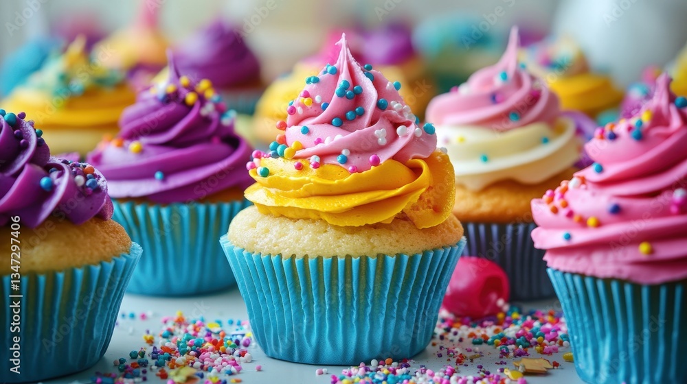 Delicious frosted cupcakes in various bright colors create a tasty treat Delicious frosted cupcakes in various bright colors create a tasty treat
