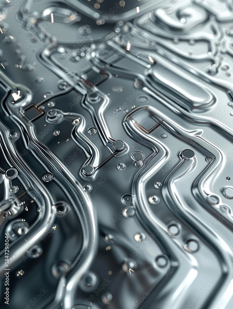 Liquid metal-inspired circuit board features flowing silver lines and glossy textures in soft, moody lighting Liquid metal-inspired circuit board features flowing silver lines and glossy textures in soft, moody lighting