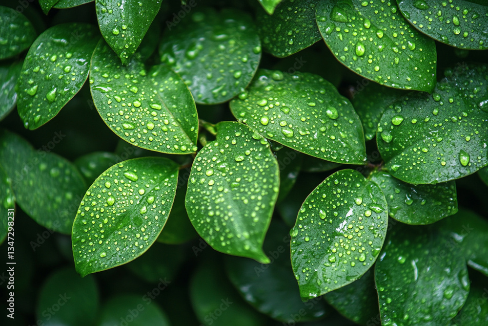 Fototapeta premium Fresh green leaves with raindrops in lush foliage