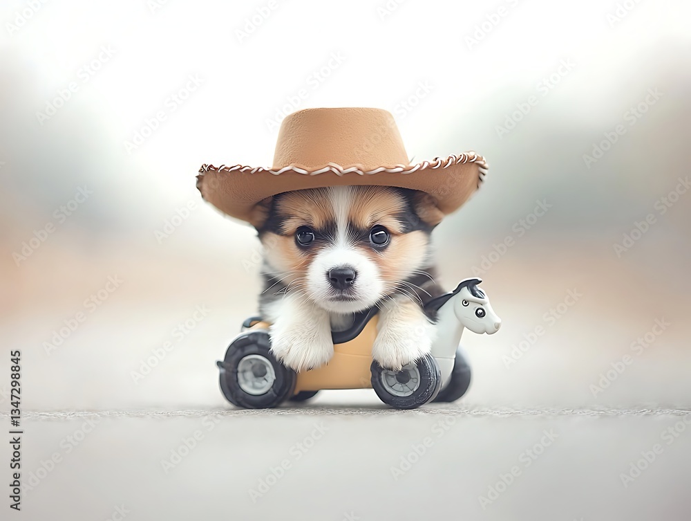 Fototapeta Cowboy Puppy Rides Toy Car Outdoors.