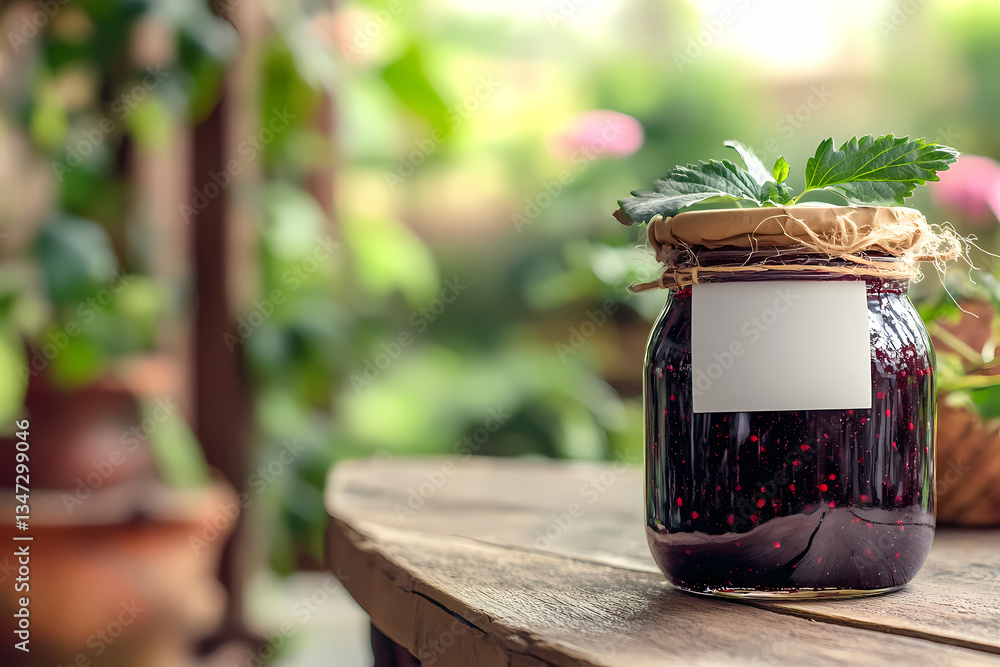 Homemade Blackberry Jam: A jar of homemade blackberry jam, garnished with fresh leaves, sits on a rustic wooden table with a blurred background featuring garden elements. Homemade Blackberry Jam: A jar of homemade blackberry jam, garnished with fresh leaves, sits on a rustic wooden table with a blurred background featuring garden elements.