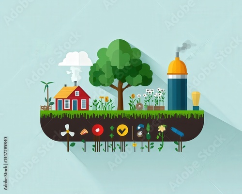 Flat design of a farming system with eco-friendly labels