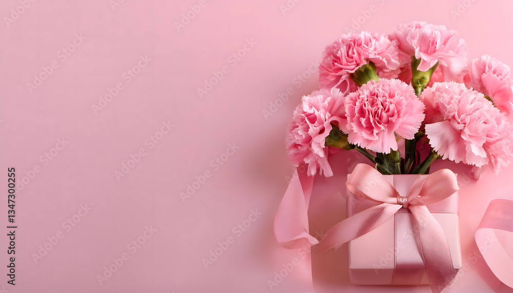 A bouquet of pink carnations tied with a pink ribbon lies next to a small gift box wrapped in brown paper and adorned with a pink ribbon on a pink background Generative AI A bouquet of pink carnations tied with a pink ribbon lies next to a small gift box wrapped in brown paper and adorned with a pink ribbon on a pink background Generative AI