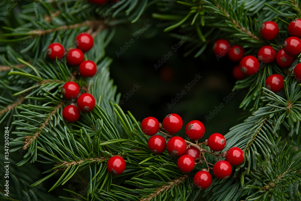 Green fir branch frame with red berries and ornaments, creating a festive look with space for text Green fir branch frame with red berries and ornaments, creating a festive look with space for text