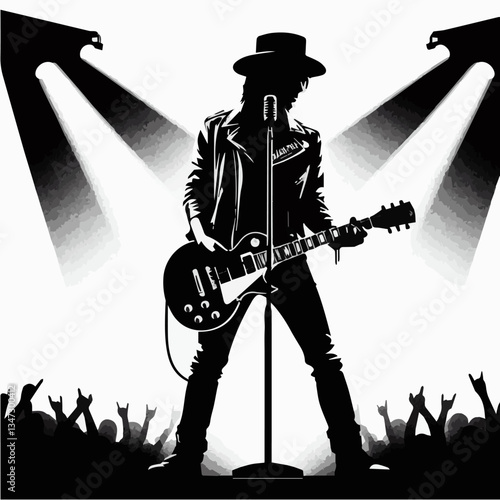 Black and white silhouette of a rock concert. Vector graphics. EPS.