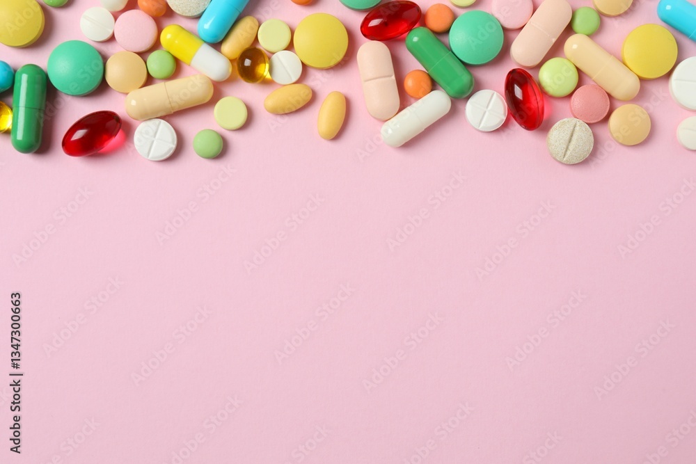 Various pills on color background, top view Various pills on color background, top view
