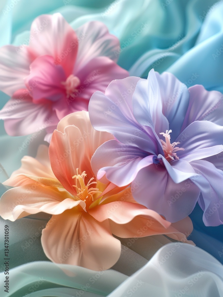 Soft pastel flowers on flowing fabric create a tranquil vibe with gentle textures and lighting Soft pastel flowers on flowing fabric create a tranquil vibe with gentle textures and lighting