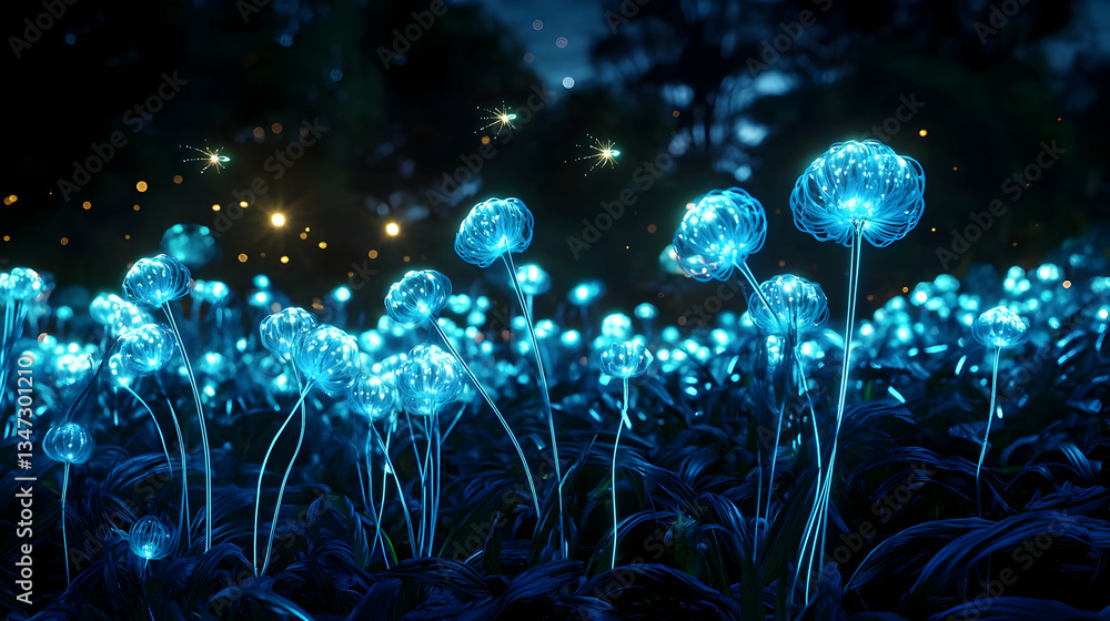 Luminous Blue Glowing Flowers Field At Night Under Dark Forest with Sparkles and Bokeh