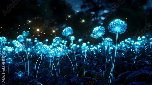 Obraz na płótnie Luminous Blue Glowing Flowers Field At Night Under Dark Forest with Sparkles and Bokeh w salonie