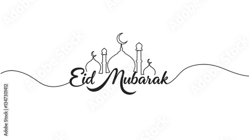Eid Mubarak calligraphy with mosque one line art meaning "Blessed Eid" 