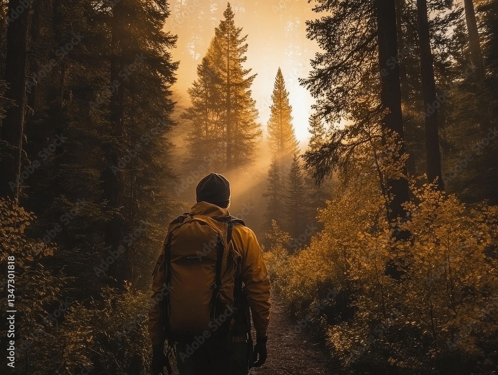 A hiker explores the serene beauty of a forest. A hiker explores the serene beauty of a forest.