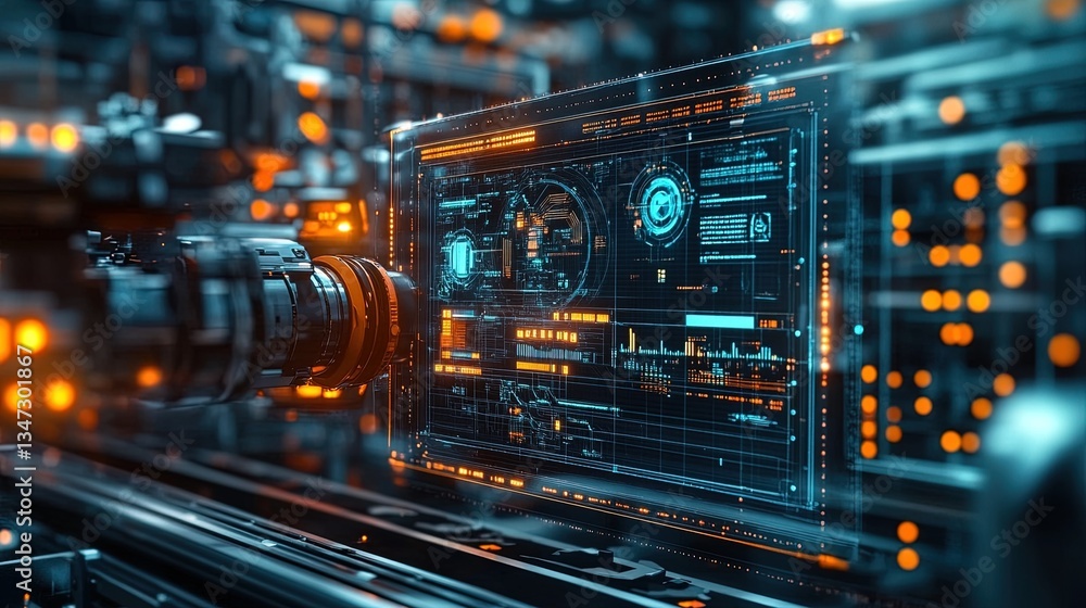 Fototapeta premium Automated smart factory, robots performing precise tasks, holographic data overlays