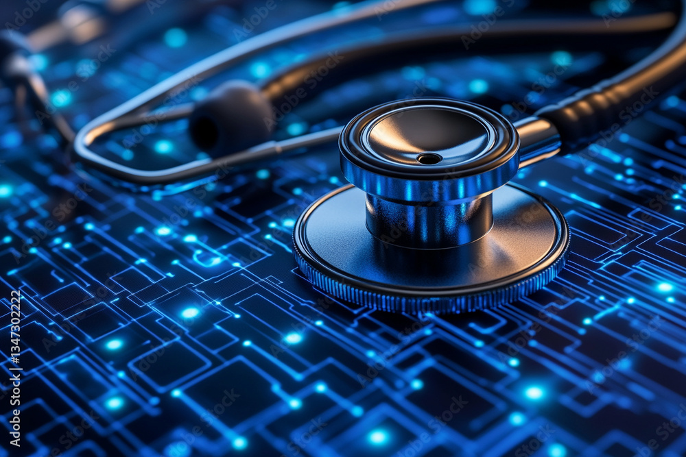 Stethoscope on circuit backdrop shows health tech Stethoscope on circuit backdrop shows health tech