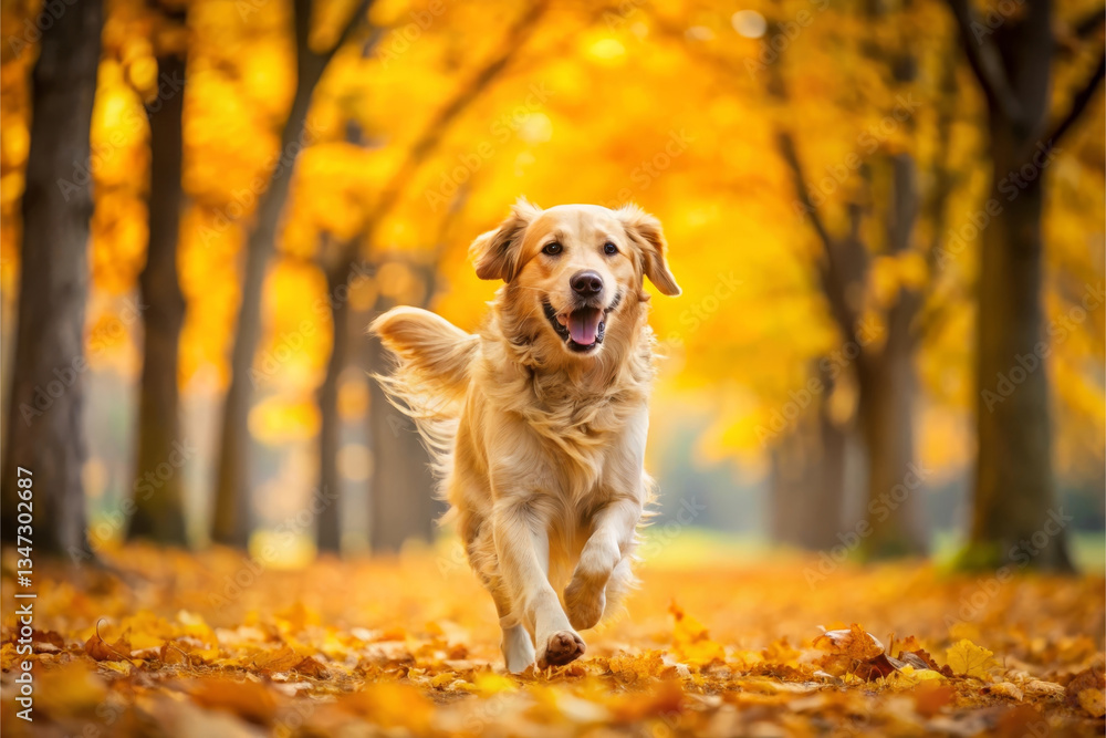 Joyful Labrador runs through an autumn park, surrounded by trees in warm, golden fall tones. Vibrant leaves cover ground, creating picturesque autumn scene Joyful Labrador runs through an autumn park, surrounded by trees in warm, golden fall tones. Vibrant leaves cover ground, creating picturesque autumn scene